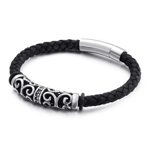 Geflochtenes Herrenarmband aus schwarzem Leder mit hohlgeformtem Edelstahlmuster