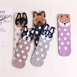 Detail of five pairs of cotton socks featuring cartoon dog faces and white polka dot patterns