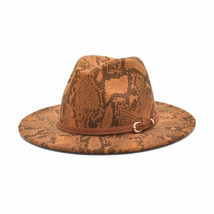 Snakeskin Pattern Fedora Hat Wide Brim Polyester Woolen Jazz Style With Faux Leather Belt And Gold Buckle Outdoor Travel