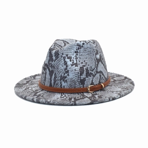 Detail of blue snakeskin wool fedora with brown faux leather belt and gold buckle