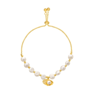 Vergulde armband met parels en kattenoogsteen met verstelbare schelphanger voor dames
