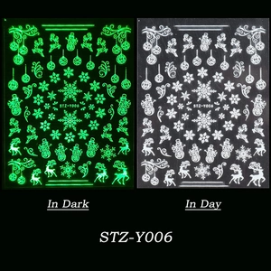 Glow-in-the-dark Christmas nail stickers with snowflake and reindeer patterns in night view