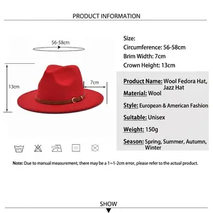 Red wool fedora jazz hat with belt accessory and size chart for outdoor sun protection