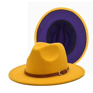 Yellow felt fedora hat with purple inner brim and brown leather strap gold buckle