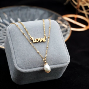 Double Layered Stainless Steel Necklace With Artificial Pearl And Letter Pendant Fashion Retro Clavicle Chain Jewelry