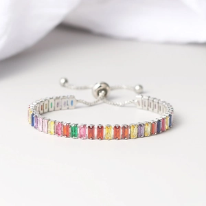 Adjustable rainbow baguette cut zircon tennis bracelet with silver-tone slider chain for women