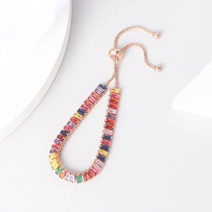 Rainbow cubic zirconia tennis bracelet in rose gold with adjustable pull-string slider