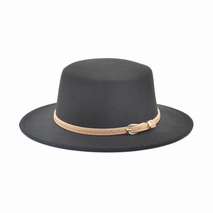 Vintage Woolen Wide Brim Flat Top Fedora Hat With Belt Buckle Autumn Winter Warm Jazz Hat For Men Women