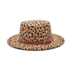 Leopardmuster Flacher Boater Hut Wollfilz Breite Krempe Mit Ledergürtelschnalle Warme Outdoor Reisen Mode Damen