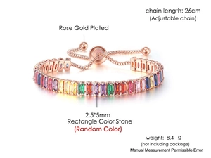 Detail of rose gold plated tennis bracelet with adjustable chain and colorful zircons