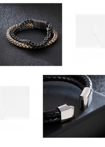 Detail of double-layer leather chain bracelet featuring a silver magnetic clasp closure
