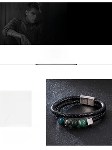 Macro detail of men's double-layer leather bracelet with lion head and stainless steel beads