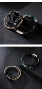 Close-up of double-layer leather bracelets with titanium lion head and magnetic clasp
