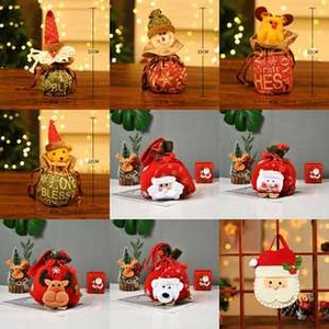 Detailed grid of festive 22cm Christmas gift bags featuring Santa, Reindeer and Snowman