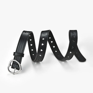 Women's black leather belt with silver heart buckle and heart-shaped hollowed out patterns