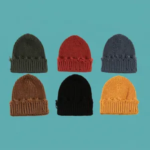 Bonnet Beanie Rétro Déchiré Tricot Acrylique Pointu Bord Effiloché Trou Hiver Chaud Streetwear Pour Hommes Et Femmes
