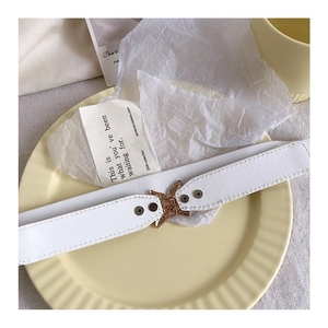 Detail of white elastic dress belt featuring a gold butterfly buckle with snap closure