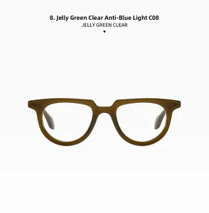 Close-up of jelly green acetate sunglasses frame with anti-blue light clear lenses