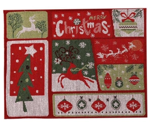 Detailed knit texture of a red Christmas placemat with reindeer and Merry Christmas motifs