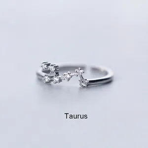 Silver Taurus zodiac open ring with minimalist zircon stone constellations