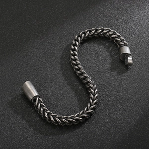 Retro punk style thick link chain bracelet for men in antique silver finish on black leather