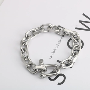 Silver horseshoe buckle chain bracelet in stainless steel on white card background
