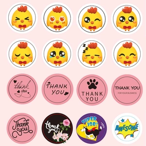 Detailed grid view of 16 cartoon chick stickers with thank you messages for bakery packaging
