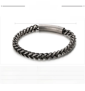 Close-up of vintage punk curb link bracelet in antique black stainless steel with dimensions