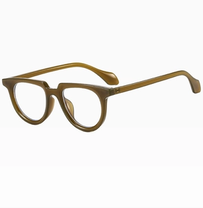 Detail view of stylish small frame sunglasses in translucent olive resin at a 45-degree angle