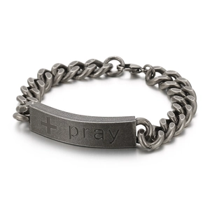 Retro silver metal chain bracelet for men with cross and pray engraving on a curved plate