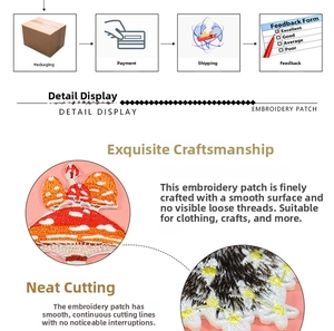 Detail macro view of orange and red mushroom embroidery patch with smooth edge stitching
