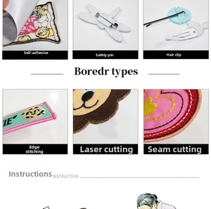 Detail view of embroidery patches with self-adhesive, pin, and hair clip backing options