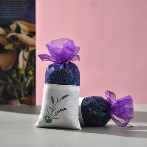 Lavender car air freshener sachet bags with purple grains on professional background