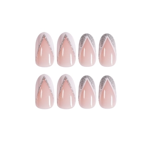 Pink French almond press-on nails with silver glitter V-shape design on white background