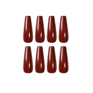 Long ballerina press-on nails in burgundy red with sparkling gold glitter finish