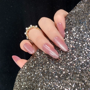 Cat Eye Press On Nails Long Almond Shape Pink Purple Shimmer False Nails Manicure For Women