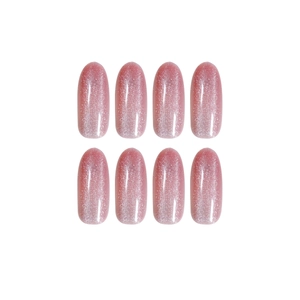 Pink cat eye almond press-on nails with silver glitter effect and glossy finish