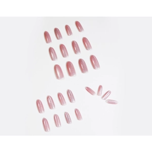 Pink cat eye long oval press-on nails with silver magnetic glitter effect on white background