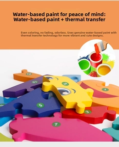 Detail of wooden puzzle with water-based paint and thermal transfer printing safety features