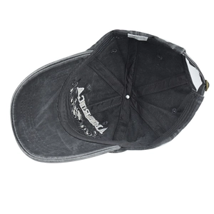 Internal view of washed cotton baseball cap showing 6-panel structure and sweatband