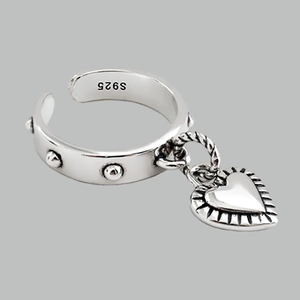 Adjustable S925 sterling silver open ring with heart tag pendant and studded texture