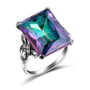 Luxurious rainbow mystic topaz ring with emerald-cut stone and vintage floral silver band
