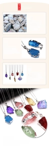 Macro detail of electroplated natural crystal stone pendants with metallic silver edges