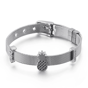 Silver stainless steel mesh bracelet with pineapple and Love charms on white background