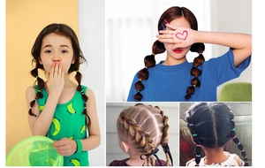 Collage of colorful elastic hair bands used in various hairstyles for little girls