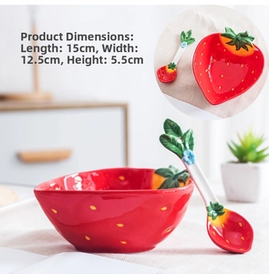 Detail of strawberry-shaped ceramic bowl set showing glossy red glaze and dimensions