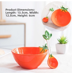 Ceramic tomato-shaped dessert bowl set with leaf handle spoon and detailed dimensions