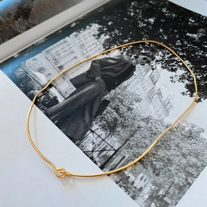 Close-up of golden snake chain necklace with knot clasp on artistic background