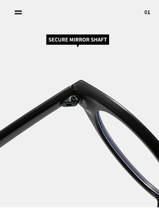 Detail view of reinforced metal hinge and screw on oval black eyewear frame