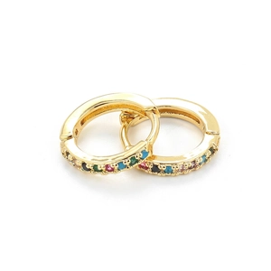 Elegant 18K gold huggie earrings with colorful zircon stones in a circular setting